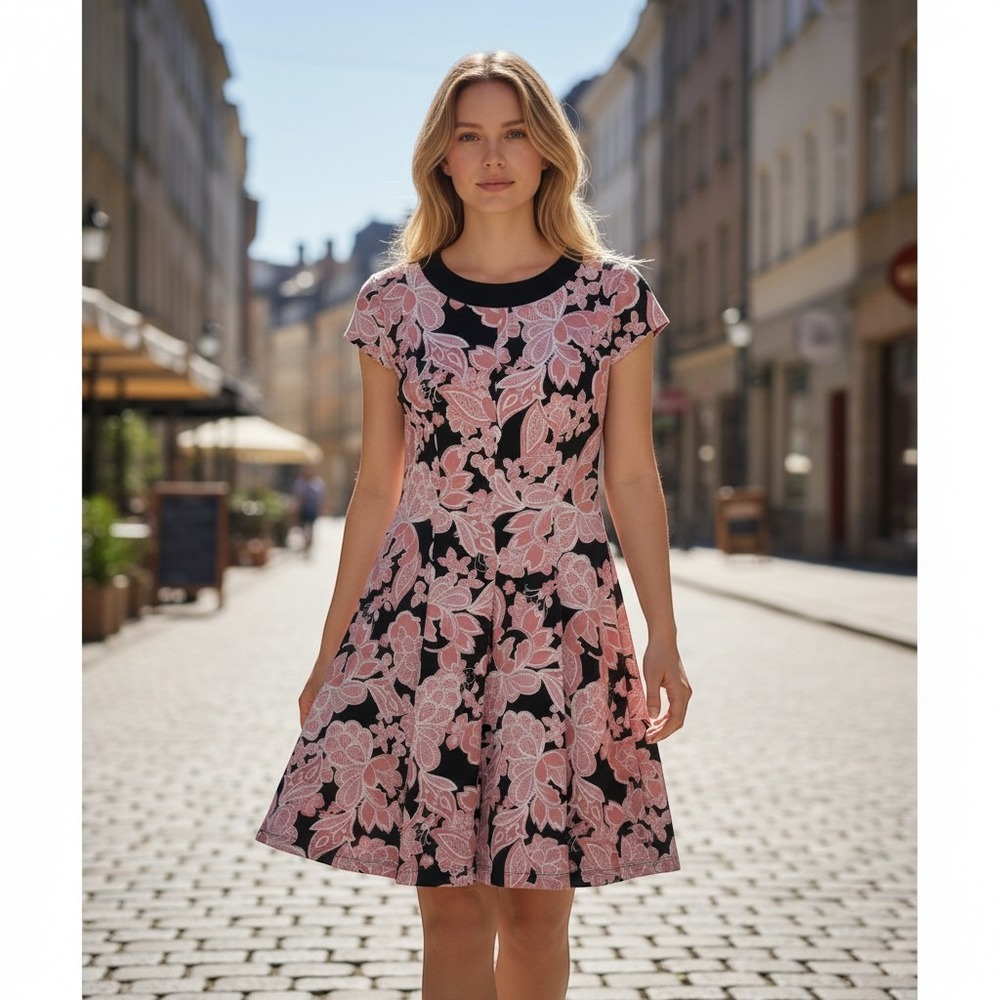 Studio One Black Coral Floral Cap Sleeve Knee Length Dress Size PS